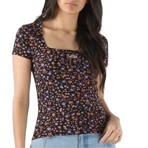 Vans Square Neck Black Floral Short Sleeve Cap Tee Extra small